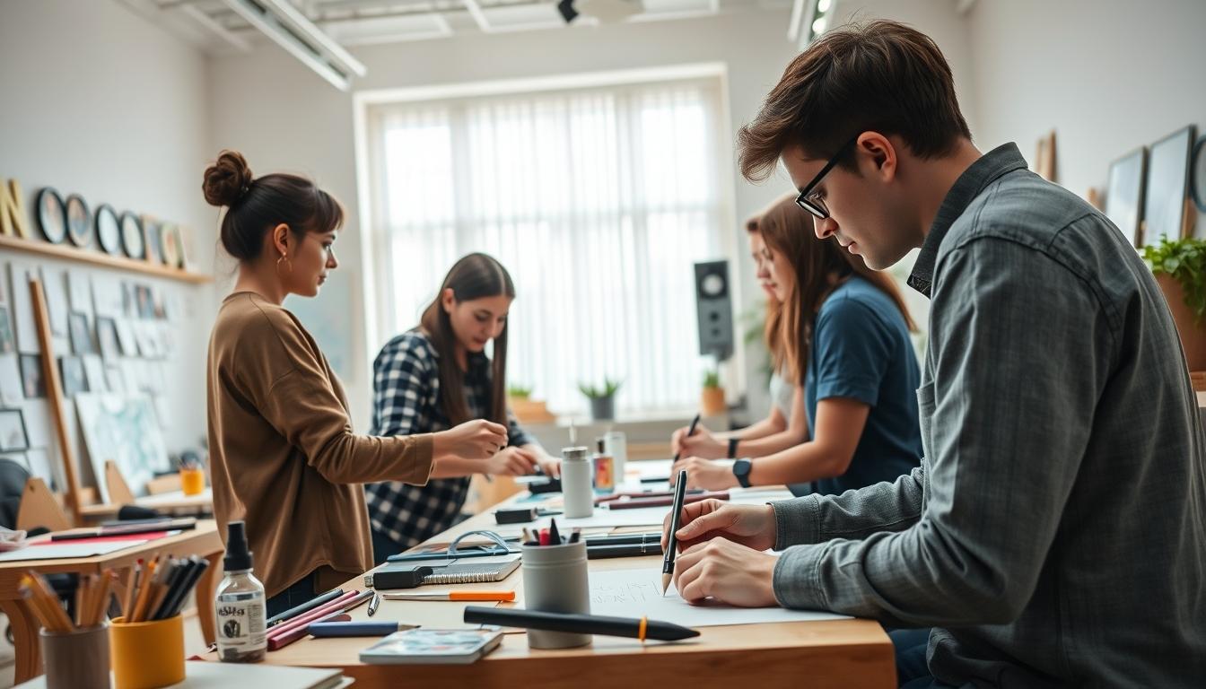 Students studying together in modern classroom